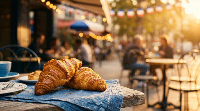 Golden flaky croissants on linen cloth, French street caf&eacute; terrace at morning golden hour