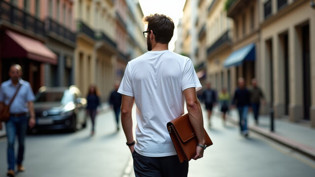 Ar beautiful modern house iteration creative design man Wearing White TShirt and Clutch Bag Walking