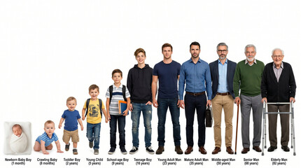 Obraz premium Male Age Stages Baby to Elderly Man Growth White BG.