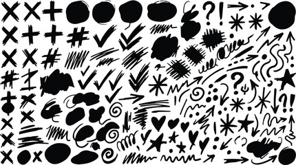 Fototapeta premium Hand-drawn doodle vector elements, a versatile collection of black ink sketch marks, arrows, crosses, checkmarks, and abstract shapes, perfect for creative design projects and graphic resources.