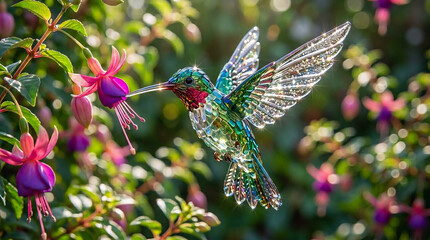 Fototapeta premium Beaded hummingbird ornament hovering near colorful fuchsia flowers with hummingbird, ornament