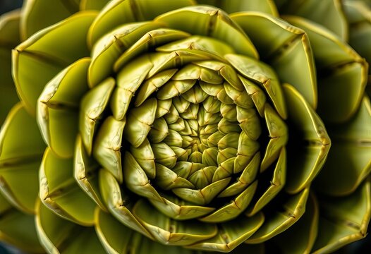 Close-up of artichoke revealing its spiraling, fractal-like pattern of overlapping bracts, scale, detail