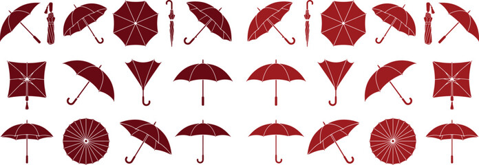 Red umbrella vector icon set, various open and closed parasol shapes, a collection of weather protection symbols for graphic design and web elements © Farzana