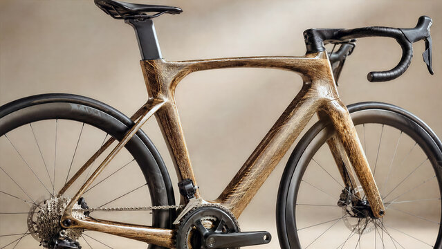 High end bicycle frame with unique visible grain pattern made from innovative flax fiber reinforced biocomposite