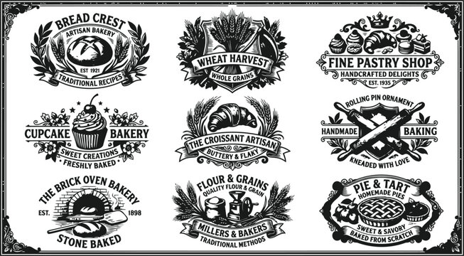 Collection of vintage bakery emblems with wheat bread pies and croissants for artisanal food branding