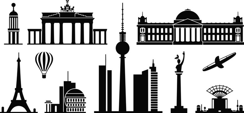 Berlin Germany city landmarks silhouette set featuring Brandenburg Gate TV tower victory column vector illustration isolated on white background