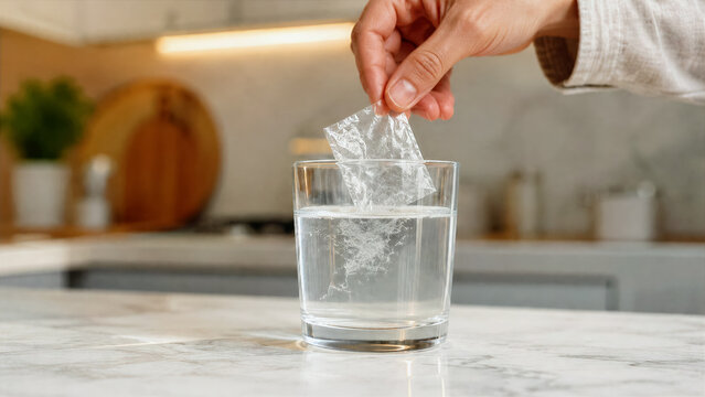 Person dropping transparent protective packaging film into glass of water watching it dissolve without waste