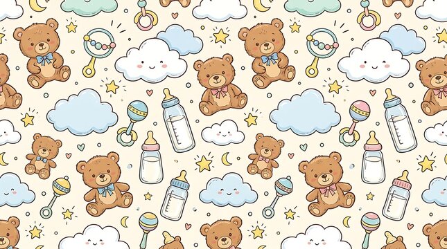 Seamless pattern with cute teddy bears baby bottles rattles and clouds for nursery decor and textile design