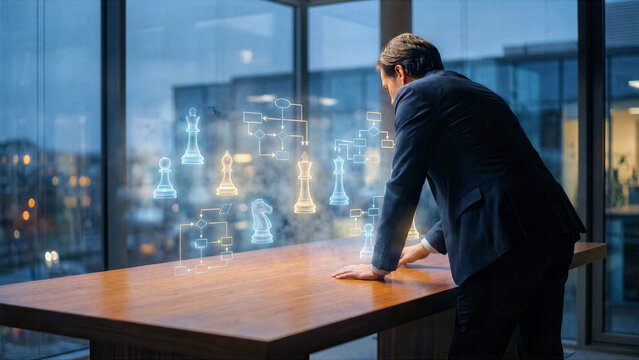 CEO leaning over table with ethereal glowing chess pieces and flowcharts floating representing strategy