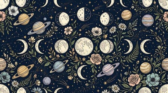 Seamless pattern with moon phases planets and floral elements on dark blue background for textile design