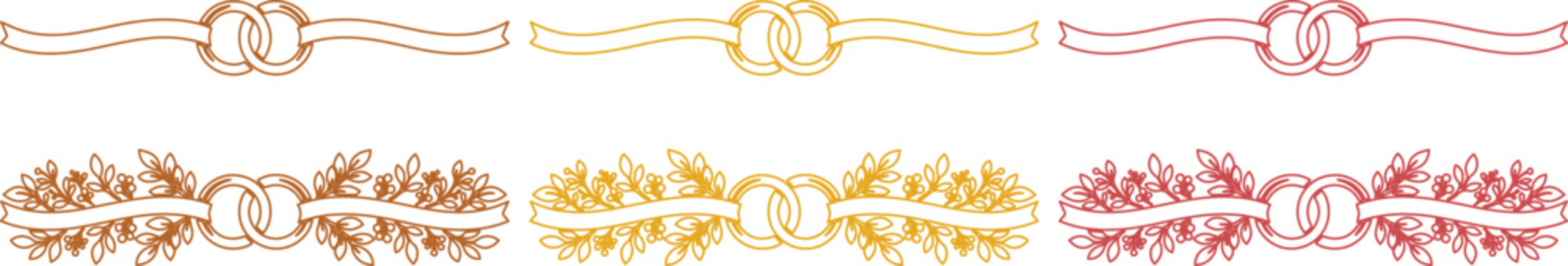 Elegant Vector Decorative Dividers, a set of six ornate horizontal line separators with classic laurel wreaths and ribbons, perfect for vintage-inspired designs, wedding invitations