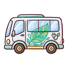 Fototapeta premium Cute eco friendly electric van with leaf and plug symbol representing green energy transportation