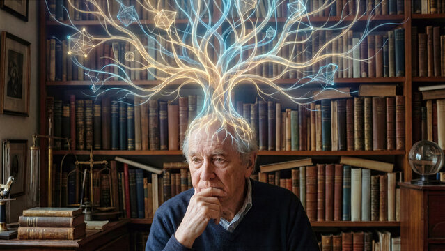 Person deep in thought with glowing intricate root and branch tree structure growing from mind