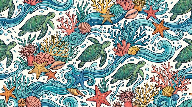 Seamless pattern with sea turtles and coral reefs in hand drawn doodle style for marine textile design