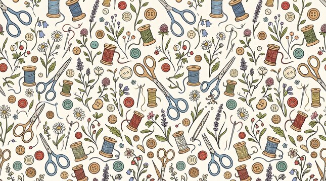 Seamless pattern with sewing tools scissors thread spools buttons and wildflowers on a light beige background