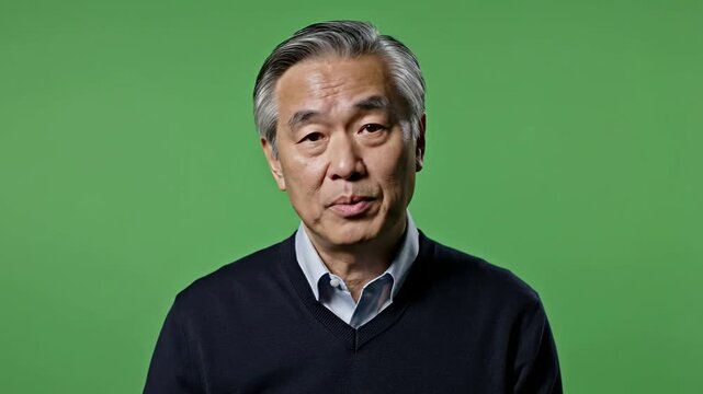 Senior Man in Navy Sweater with Collared Shirt Speaking on Green Screen Background, Capturing Authority and Approachability in a Professional Setting