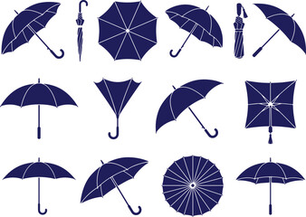 Elegant navy blue umbrella vector icon set, 12 distinct umbrella silhouettes for weather forecasts and rain protection. Stylish parasol collection © Farzana