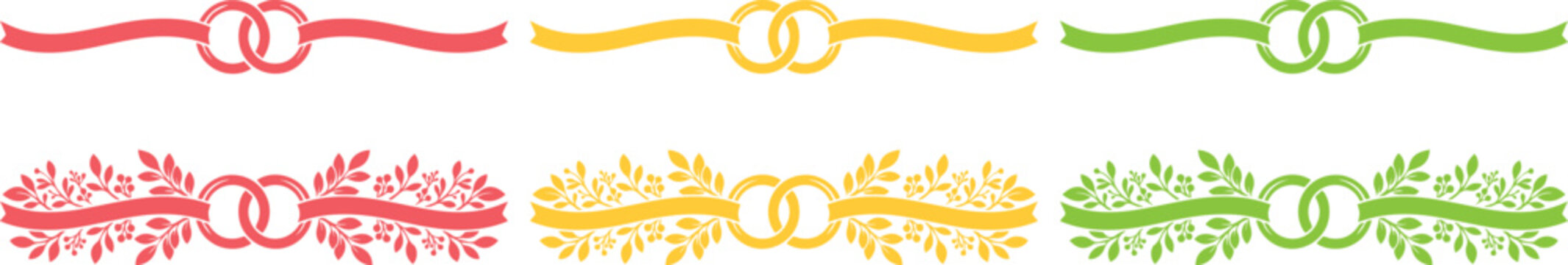 Wedding Ring Dividers, elegant decorative vector elements for marriage invitations. Romantic engagement ring borders, a set of 6 colorful wedding ornament designs.
