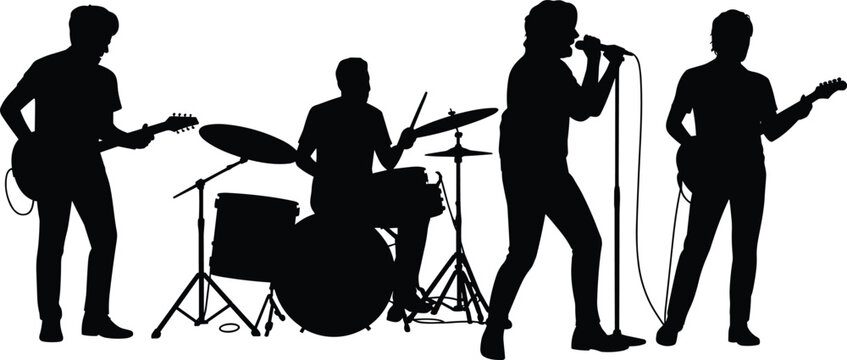 Rock band music group silhouette with singer guitarist drummer performing live concert scene vector illustration isolated on white background
