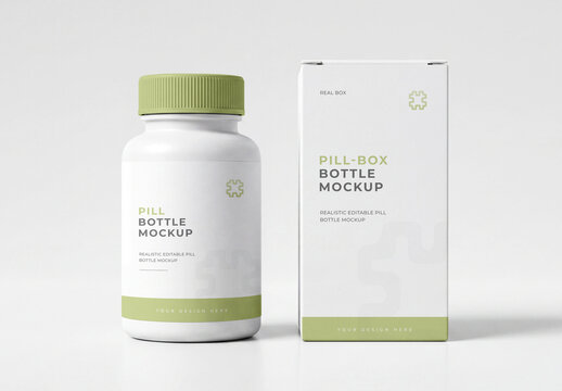 Realistic White Pill Bottle and Paper Box Mockup