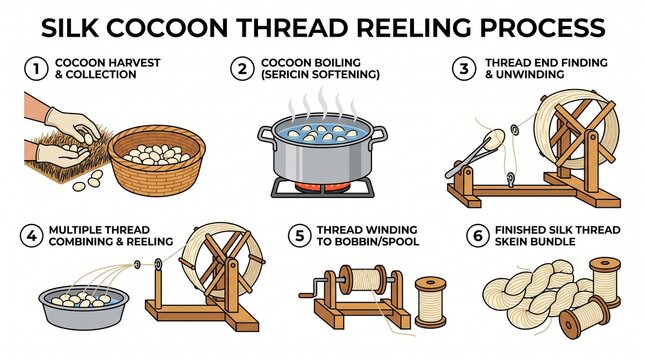 Silk Moth Cocoon Reel Thread Spinning Process Diagram Illustration
