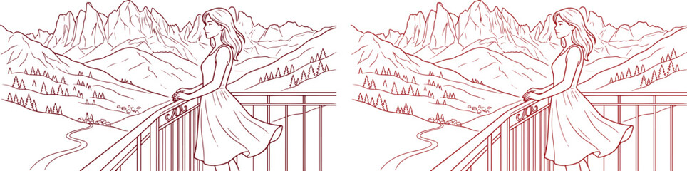 Elegant woman on a balcony, enjoying a scenic mountain landscape view. Serene nature vista with a flowing river and evergreen trees, perfect for travel and relaxation themes. Hand-drawn vector © Shanza