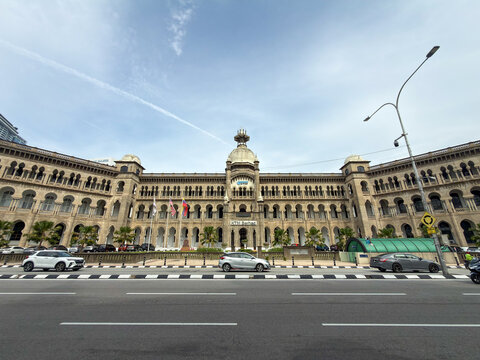 Kuala Lumpur, Malaysia - April 15, 2026: KTM Railway Station Historic Building Wide Street View with Road