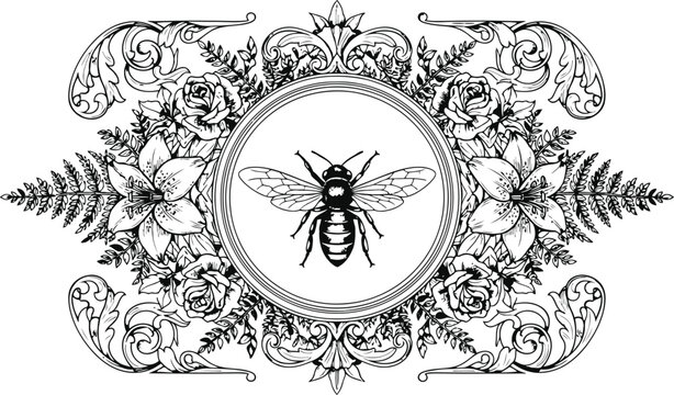 Ornate circular frame with a bee and floral elements in a vintage etched style