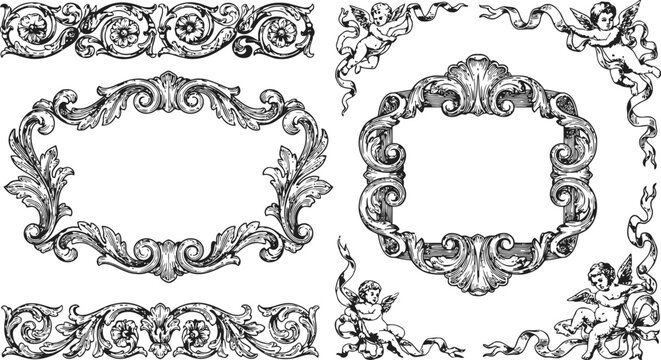Ornate vintage baroque frames with cherubs and floral elements in an elegant black and white etching style
