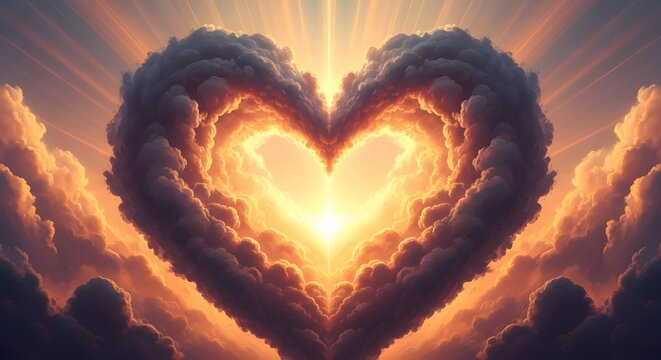 Heart shaped clouds with radiant sunburst celestial love and hope concept