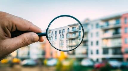Obraz premium Hands Holding a Magnifying Glass Examining Urban Apartment Buildings with Cars in Foreground
