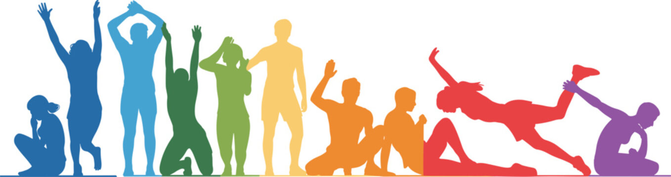 Colorful rainbow silhouette people group active sport lifestyle fitness diverse athletic crowd vector illustration graphic isolated on white background