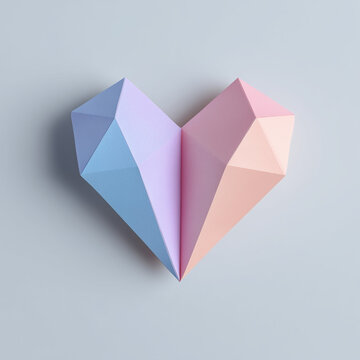 Low poly diamond paper heart on light gray background, 연한 그레이 배경 위의 로우폴리 다이아몬드 종이 하트