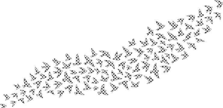 Flying birds vector illustration, a flock of black silhouette birds in motion, dynamic nature graphic element, freedom and migration concept for design projects