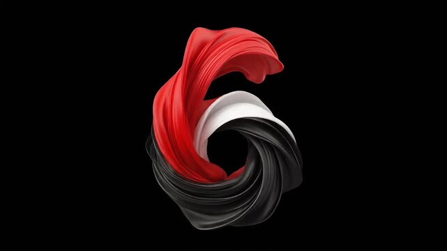 The number 6 sculpted from flowing red, white, and black silk ribbons, cinematic composition animation with black background