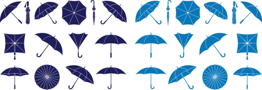 Umbrella icon set, 24 vector illustrations of rain protection in various open and closed positions. Blue and navy umbrella graphics for weather, fashion, and safety designs.