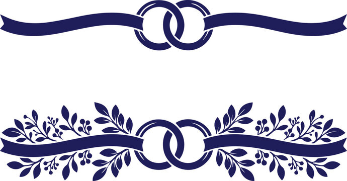 Elegant navy blue wedding rings and ribbon vector divider, classic marriage ceremony ornament, decorative floral border for invitations and announcements, romantic celebration graphic resource.