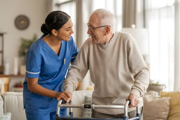 Fototapeta premium Professional nurse assisting an elderly man standing with a walker at home, assistance