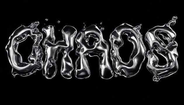 The word chaos rendered in a liquid silver chrome metallic font with a glossy reflective surface isolated on a solid black background texture