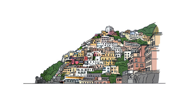 Colorful Hillside Town Illustration of Positano Italy