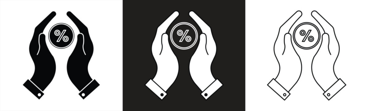 Discount promotion in hand icons set. Hands holding percent icon. Percent, rate, badge, shopping, label, tag, percentage symbol on white background - stock vector.