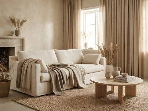 A cozy living room scene with a sofa, coffee table, fireplace, and window with curtains, showcasing a comfortable lifestyle indoors.