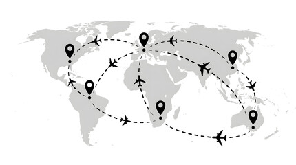 Obraz premium World Map with Black Location Pins and Airplane Flight Routes Global