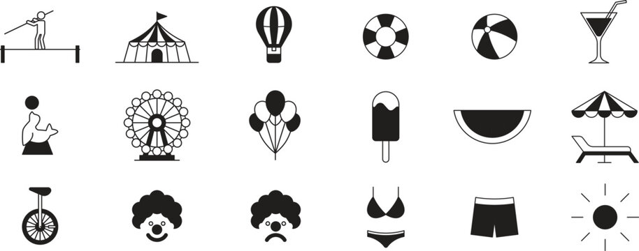 Creative flat design graphics featuring amusement park items and seasonal beach activities.Collection of black circus and summer beach icons isolated on white background.