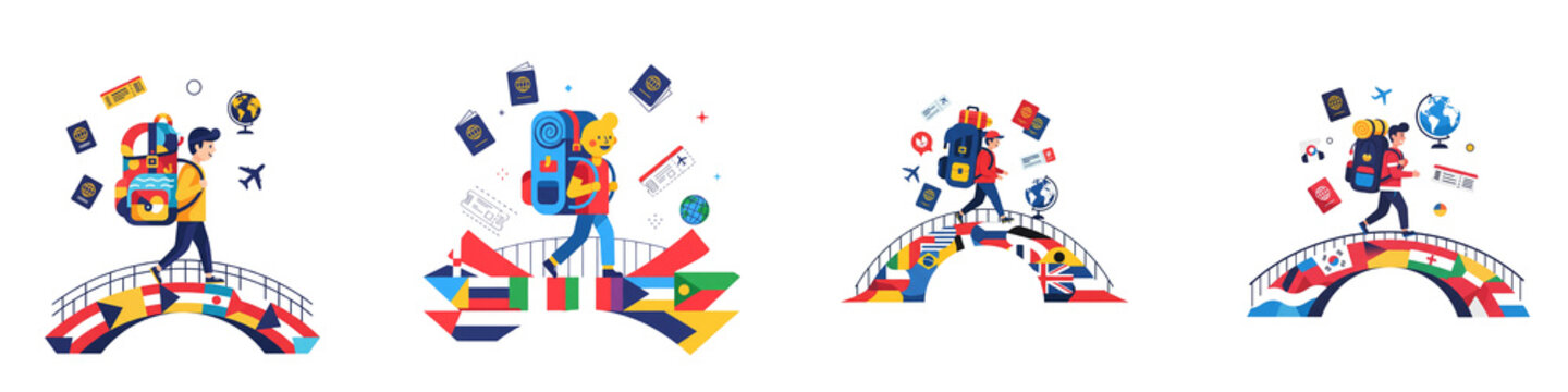 People with backpacks walking on bridge with world flags and travel icons