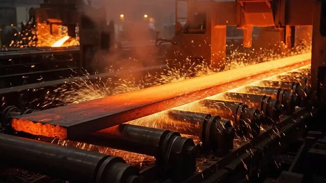 Industrial steel production process with molten metal.
