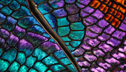 Macro close up of a dragonfly wing showing intricate iridescent blue and purple scale patterns with a dark central vein on a black background © Mahabub islam