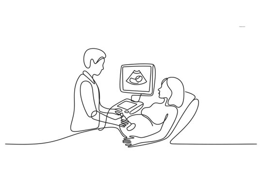 Continuous line art of obstetrician performing ultrasound on pregnant woman with ultrasound pregnancy obstetrician pregnant sonogram prenatal healthcare maternity examination screening