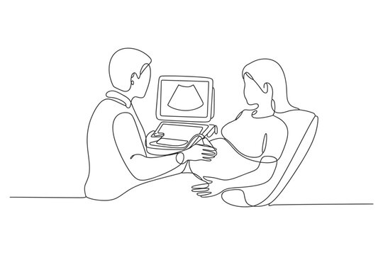 Continuous line drawing of a doctor performing an ultrasound examination for a pregnant woman with ultrasound pregnant pregnancy obstetrician prenatal healthcare examination maternity sonogram