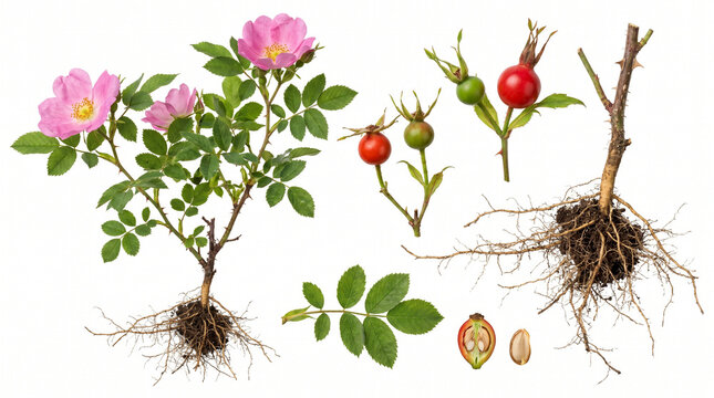 Wild Rose Plant Parts  Rose Hips Isolated on White.